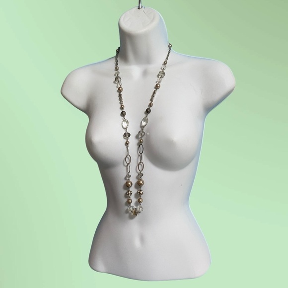 Glass Beads Necklace Silver Tone Chain Faceted Rhinestones - Picture 8 of 8